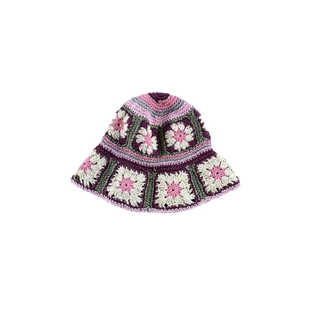Peter Grimm Crochet Bucket Hat Pink Floral Granny Square Paper Straw Boho OS